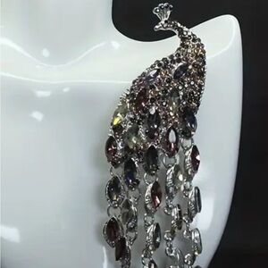 Elegant Silver tone and Black Peacock Brooch